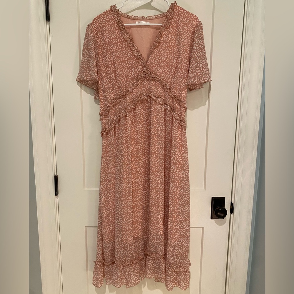 Kirundo Patterned Ruffle Maxi Dress in Clay Pink, size XL